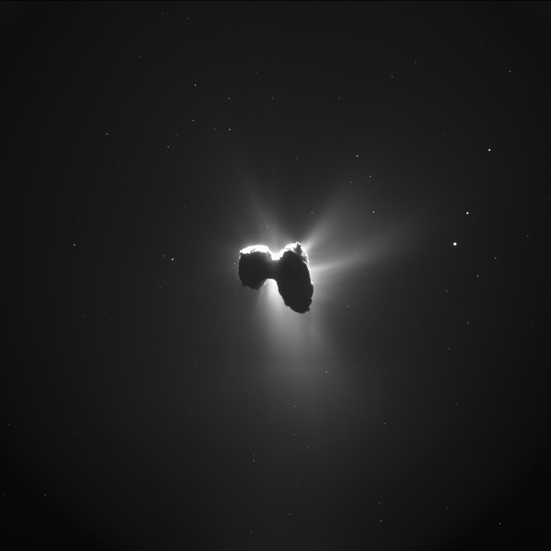 Enhanced NAVCAM image of Comet 67P/C-G taken on 27 March 2016, 200 miles (329 km) from the comet nucleus. The scale is 28 m/pixel and the image measures 28.7 km across. Image: ESA/Rosetta/NAVCAM – CC BY-SA IGO 3.0